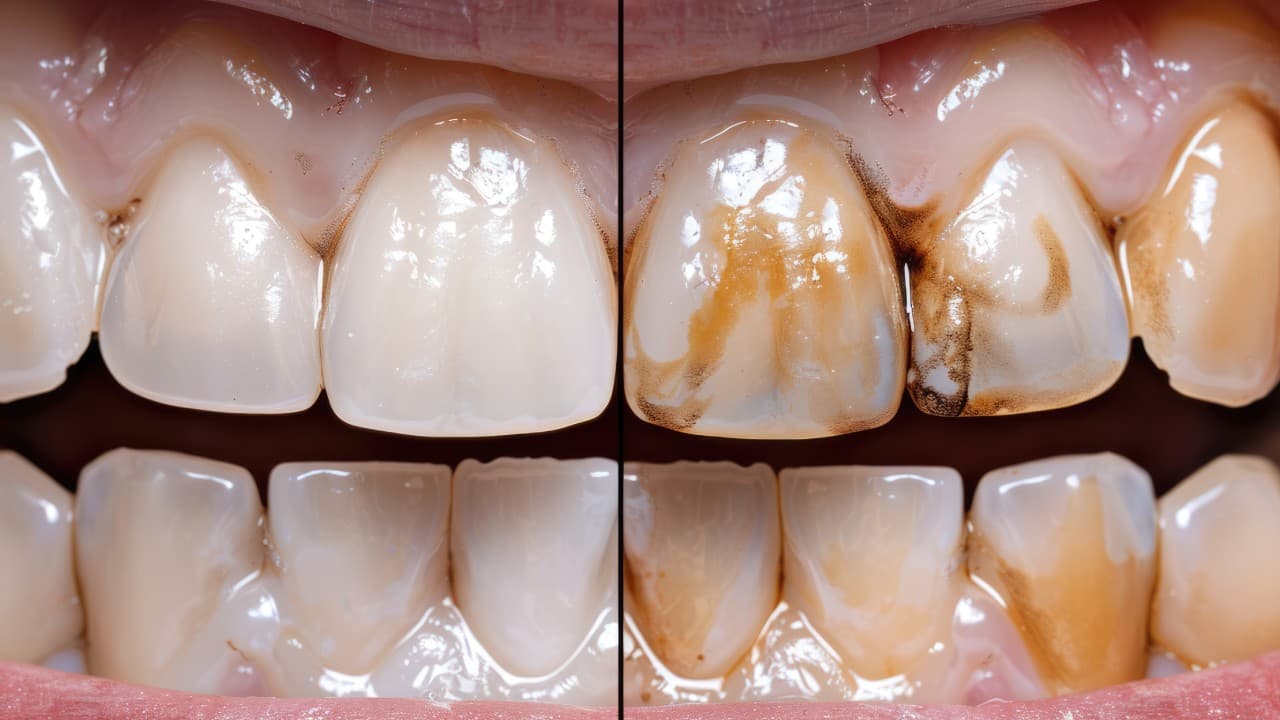 Side-by-side comparison of clean teeth versus teeth with brown staining and decay