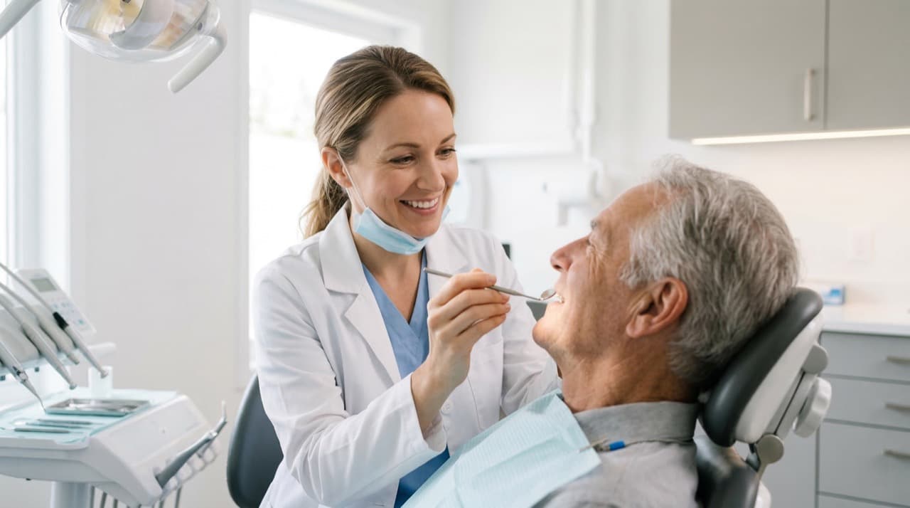 Female dentist smiling while examining a patient in a modern dental office