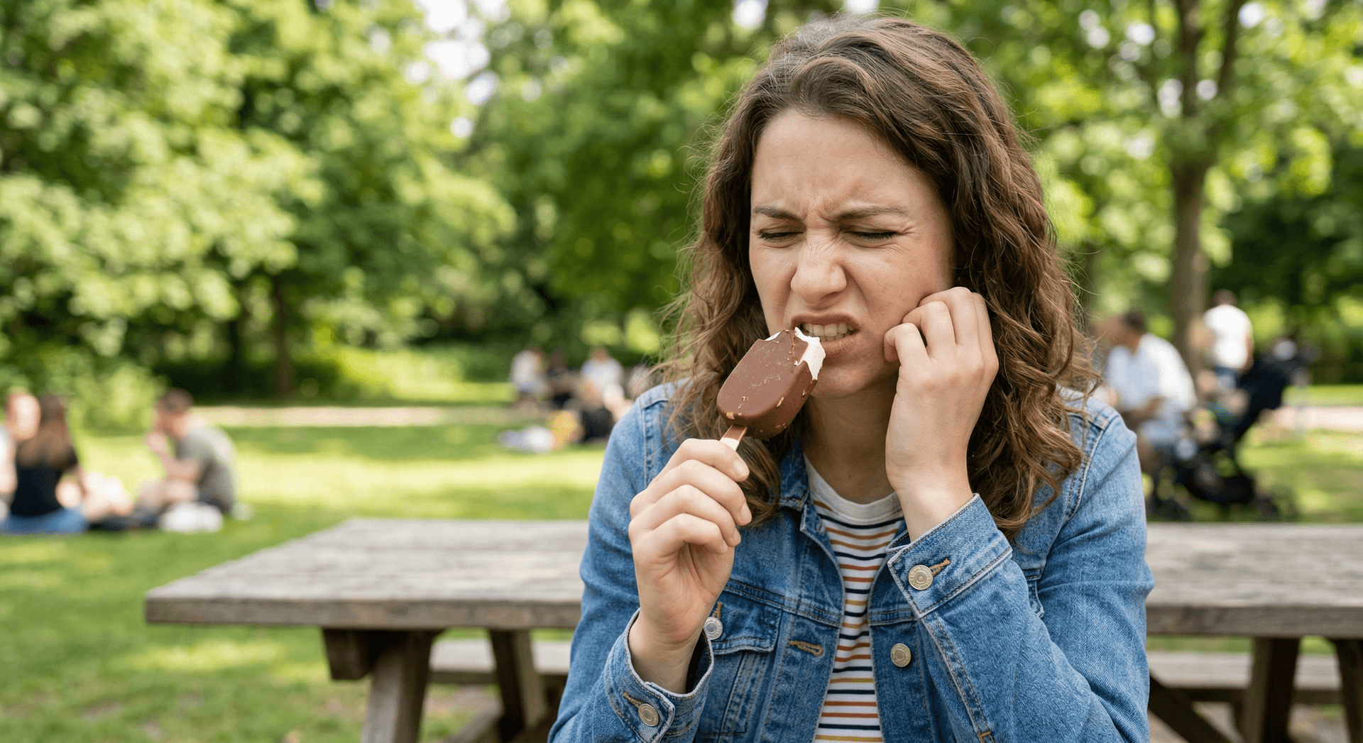 Woman wincing while eating an ice cream bar outdoors, holding her cheek in pain from tooth sensitivity