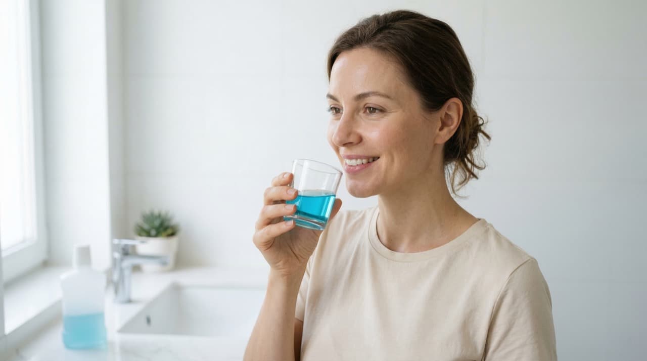 Woman using mouthwash as part of a complete oral hygiene routine