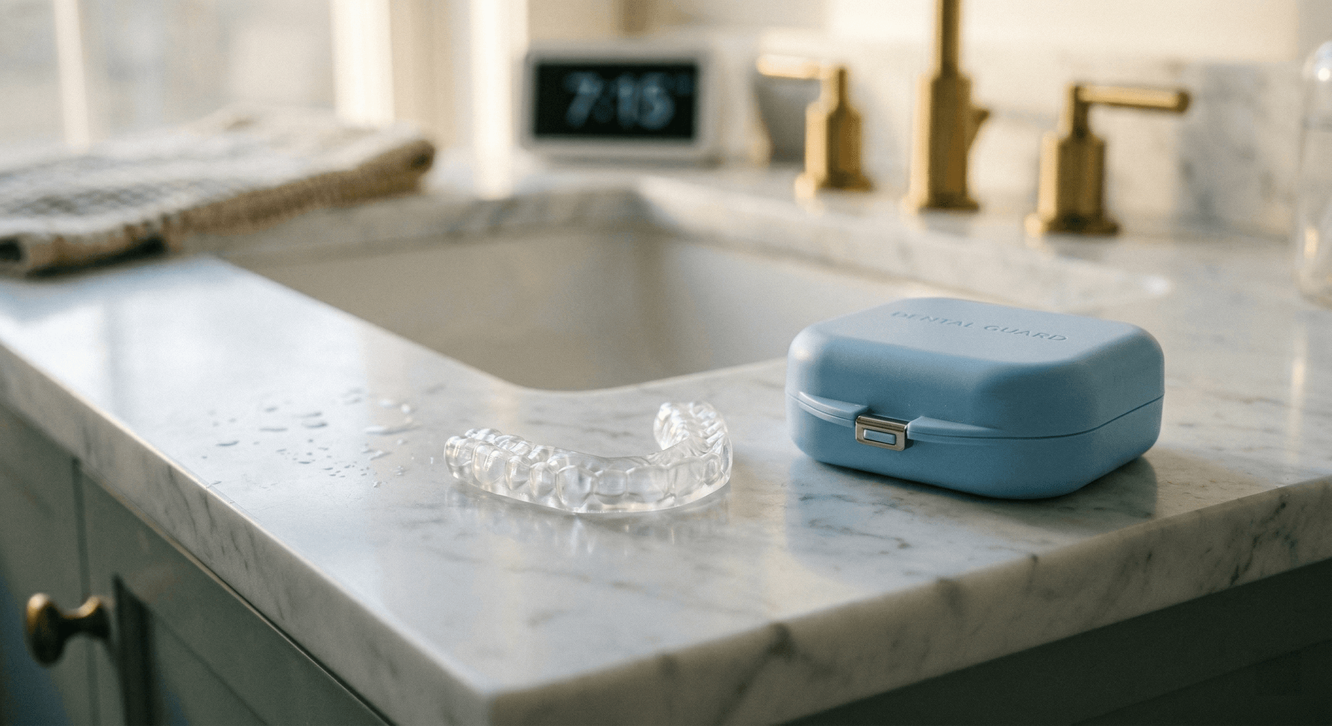 Clear dental night guard on a marble countertop next to a blue carrying case