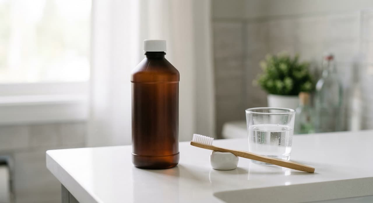 Brown hydrogen peroxide bottle next to a toothbrush on a bathroom counter