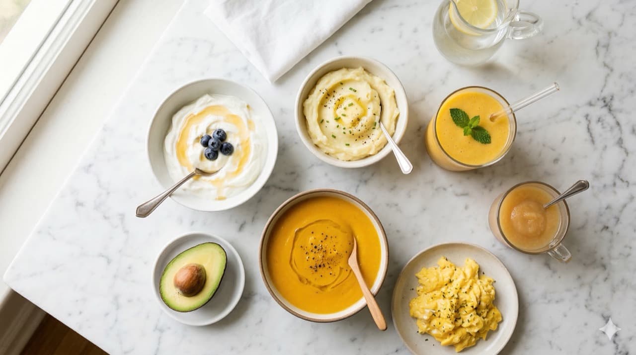 Overhead shot of soft recovery foods including yogurt, mashed potatoes, soup, and smoothie on a marble countertop